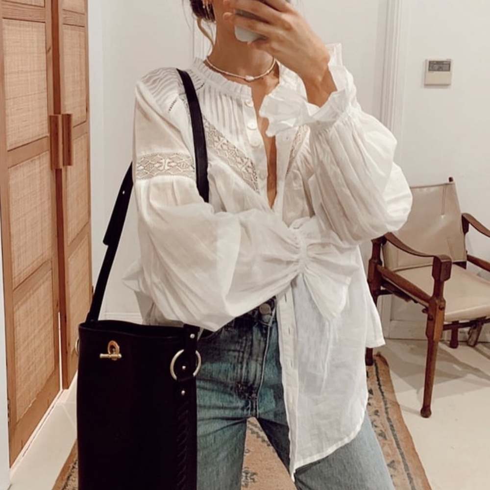 Boho White frill neck button down long sleeve top - Picture 1 of 10